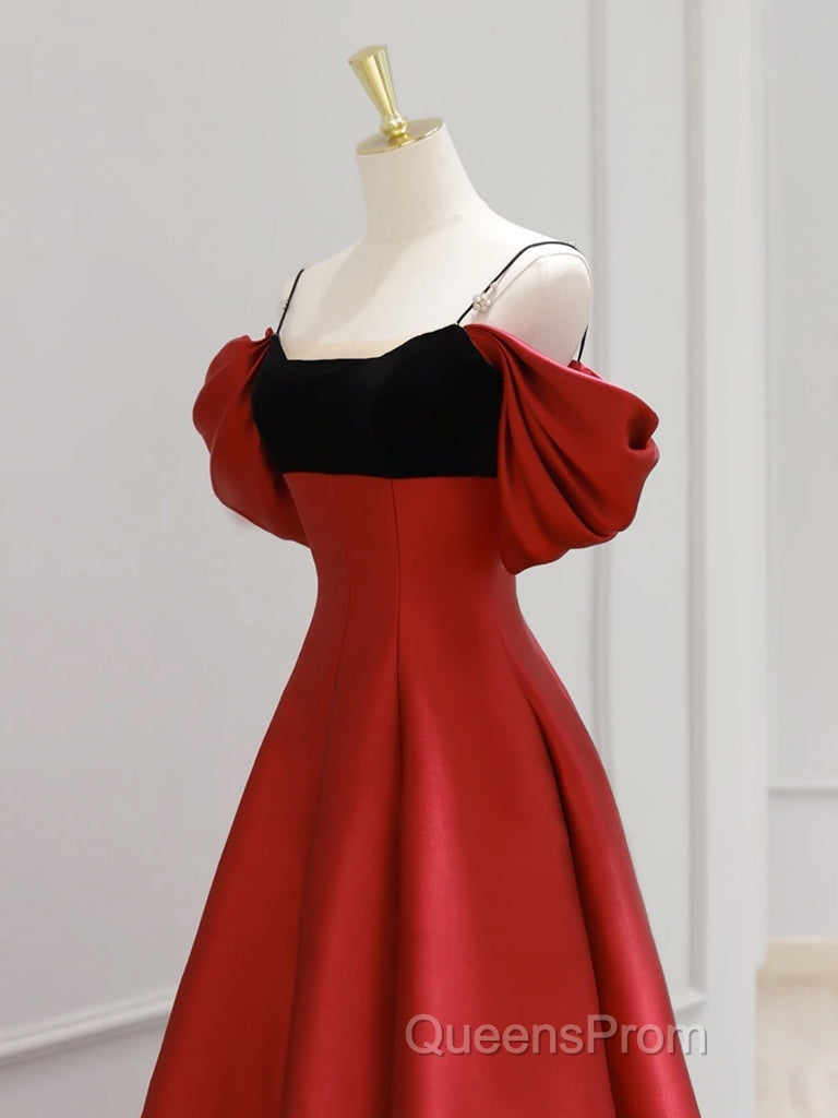 A-Line Off Shoulder Satin Dark Red Long Evening Prom Dress, Red Long Formal Dress Secondary image