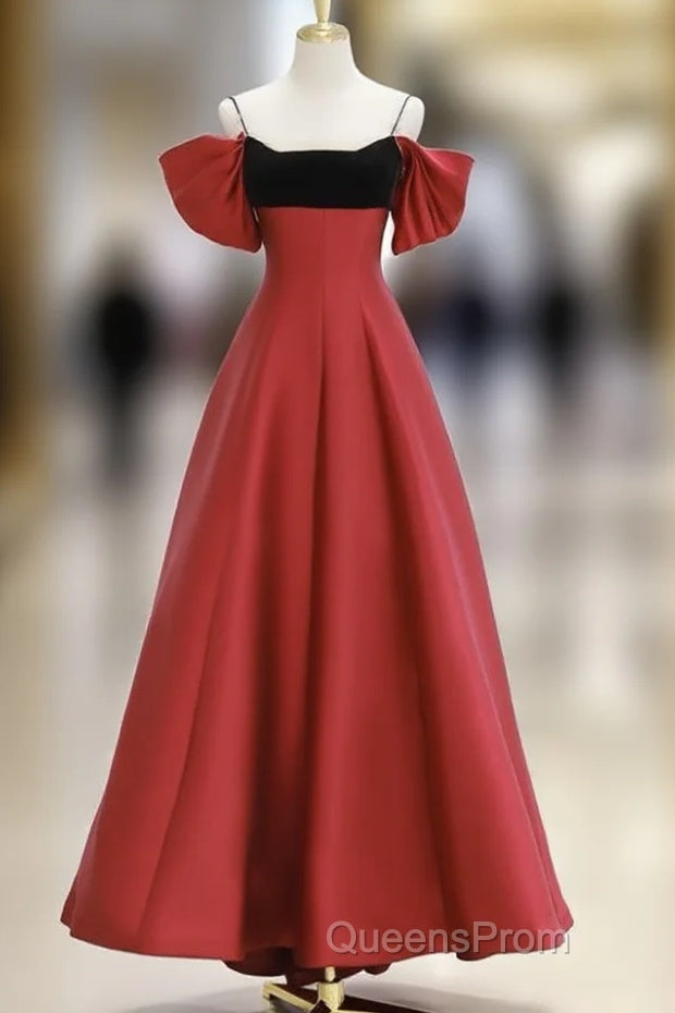 A-Line Off Shoulder Satin Dark Red Long Evening Prom Dress, Red Long Formal Dress Main image
