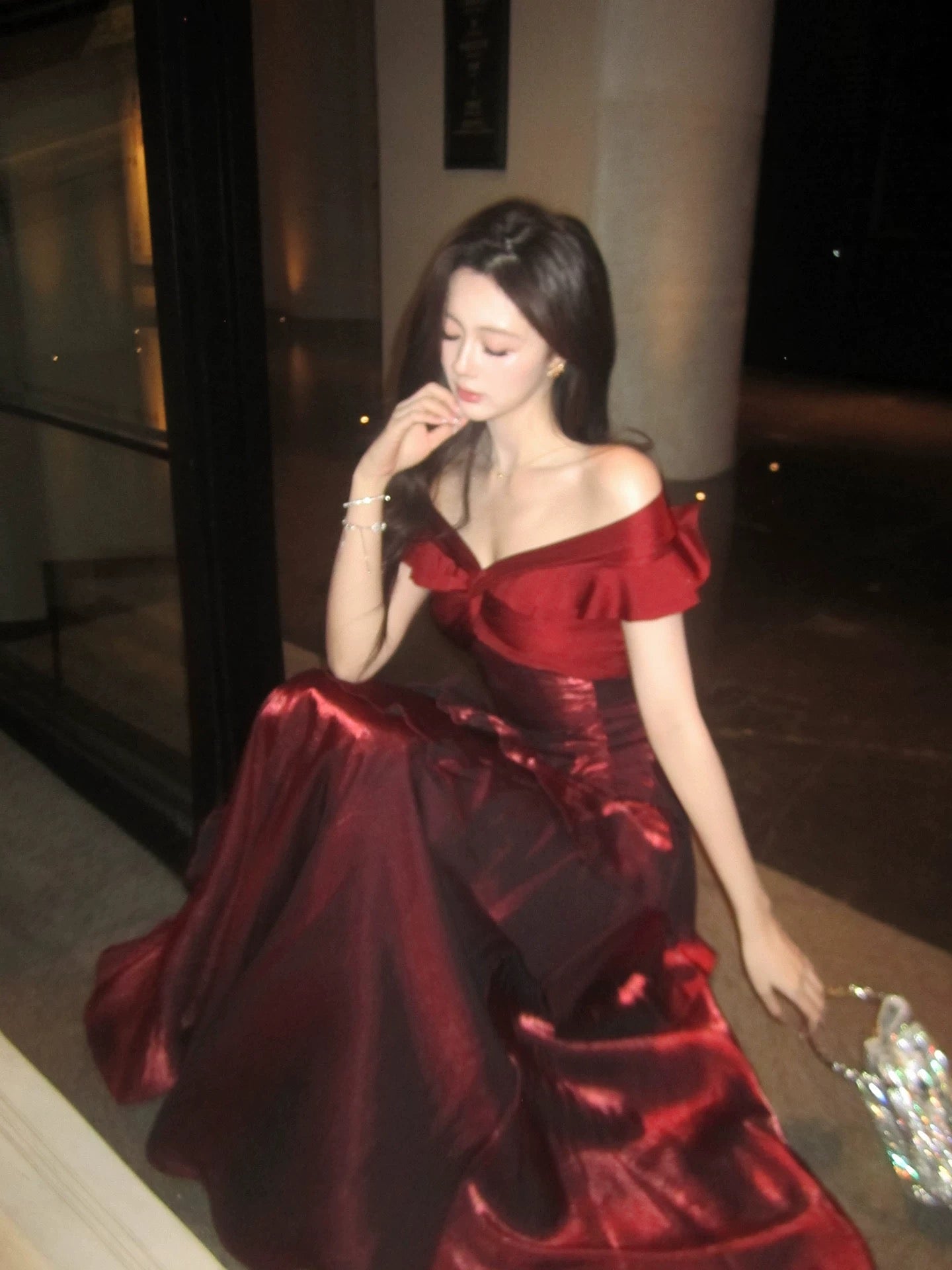 A-Line Off Shoulder Satin Floor Length Burgundy Classy Prom Dress Secondary image