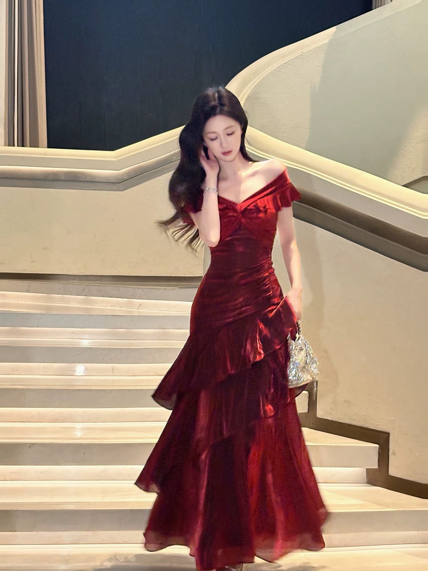 A-Line Off Shoulder Satin Floor Length Burgundy Classy Prom Dress