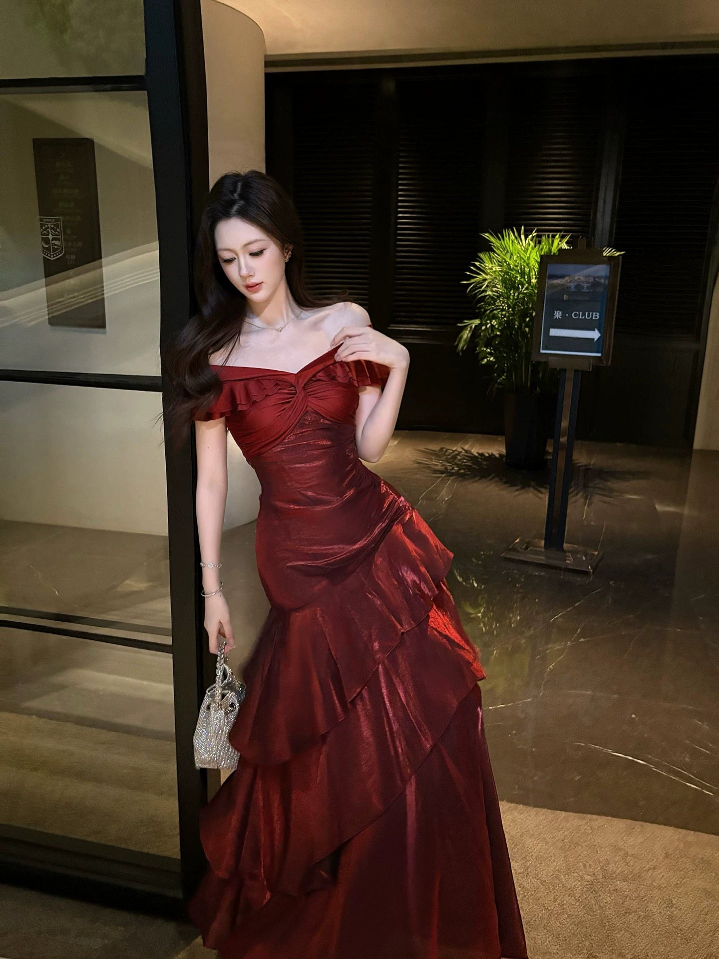 A-Line Off Shoulder Satin Floor Length Burgundy Classy Prom Dress
