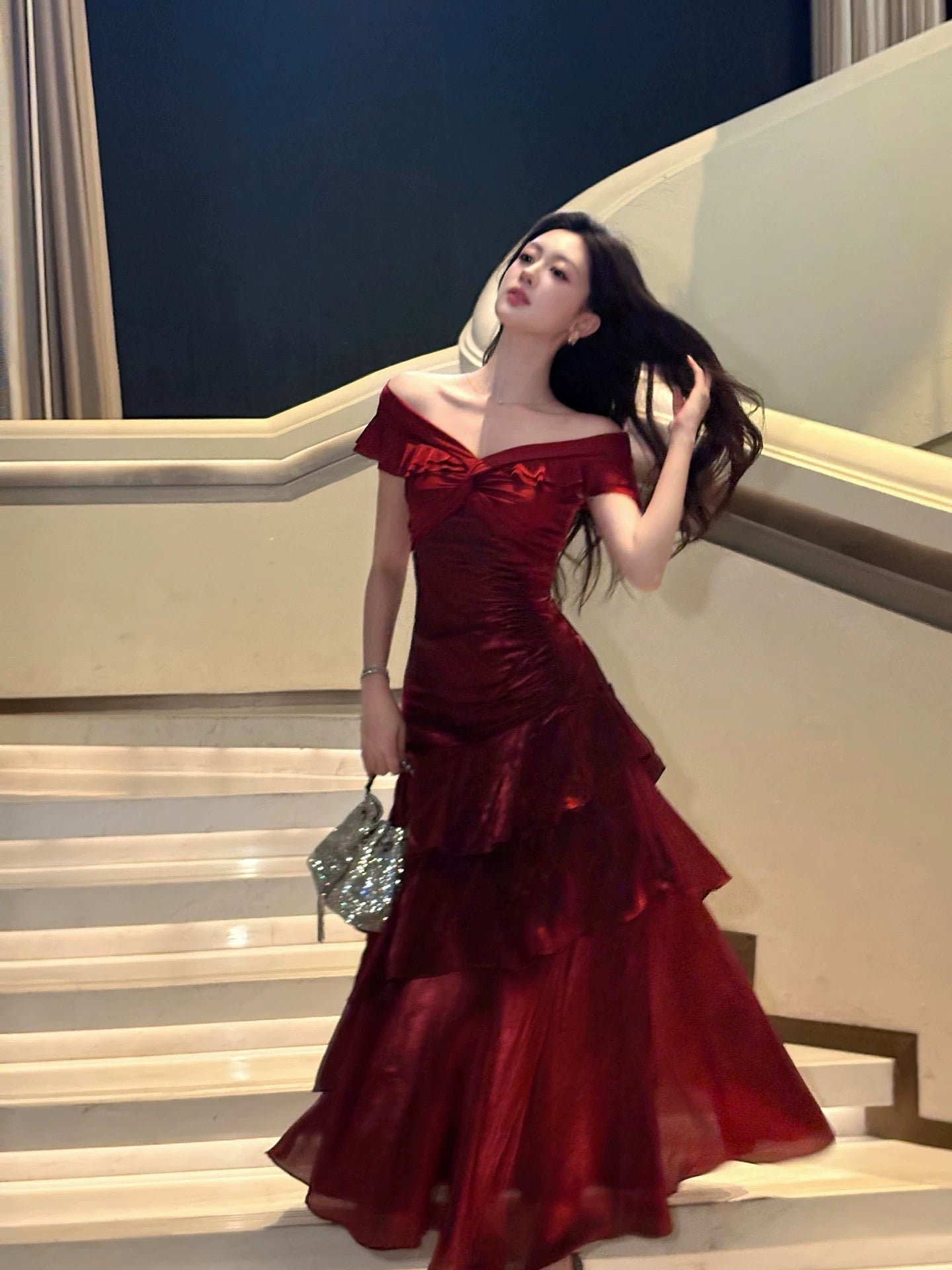 A-Line Off Shoulder Satin Floor Length Burgundy Classy Prom Dress