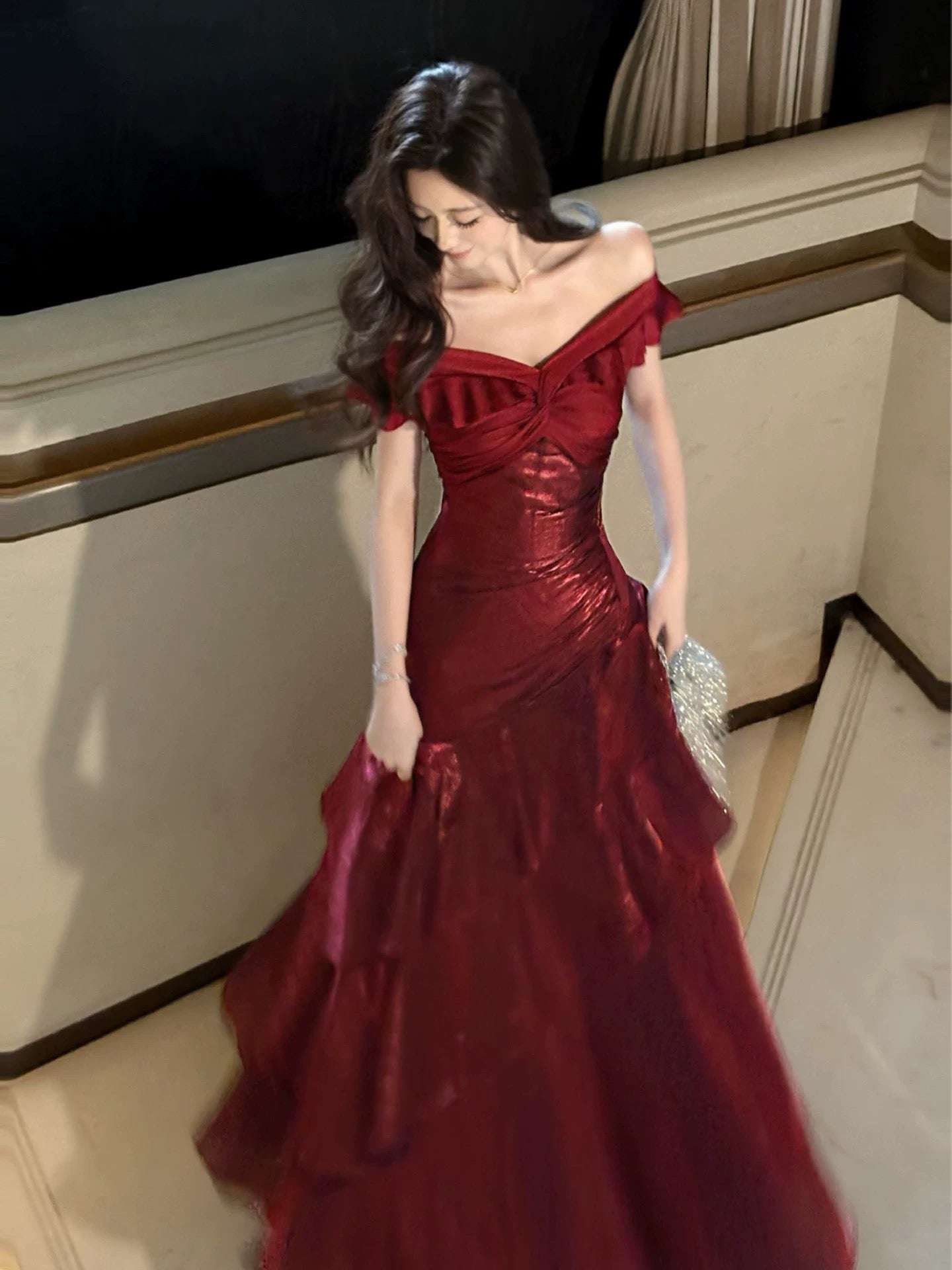 A-Line Off Shoulder Satin Floor Length Burgundy Classy Prom Dress Main image