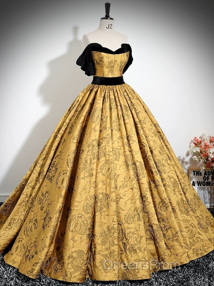 A-Line Off Shoulder Satin Gold Long Evening Prom Dress, Gold Long Formal Dress