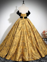 A-Line Off Shoulder Satin Gold Long Evening Prom Dress, Gold Long Formal Dress
