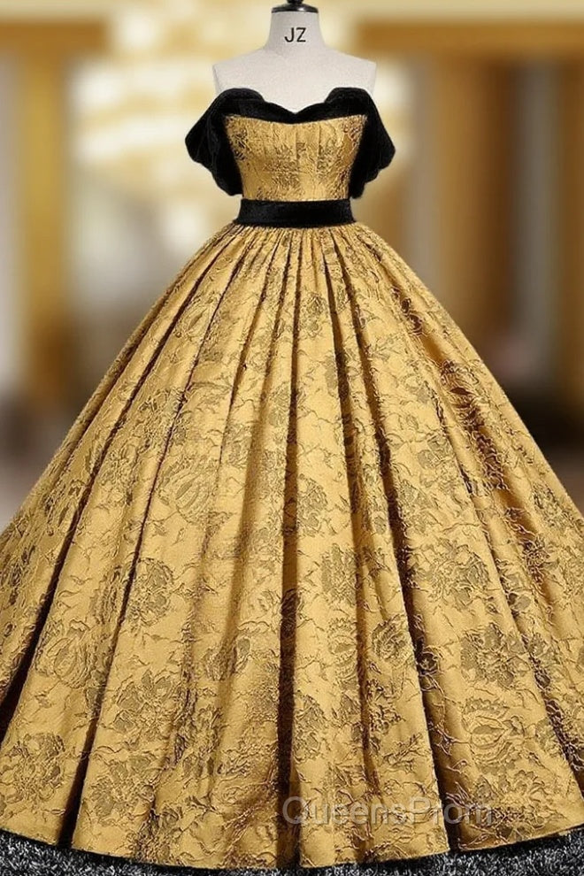 A-Line Off Shoulder Satin Gold Long Evening Prom Dress, Gold Long Formal Dress Main image