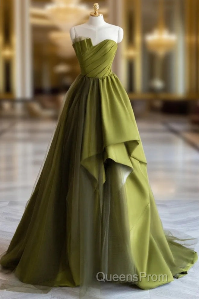 A-Line Off Shoulder Satin Green Long Evening Prom Dress, Green Formal Dress Main image