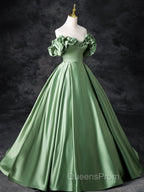 A-Line Off Shoulder Satin Green Long Evening Prom Dress, Green Long Evening Dress