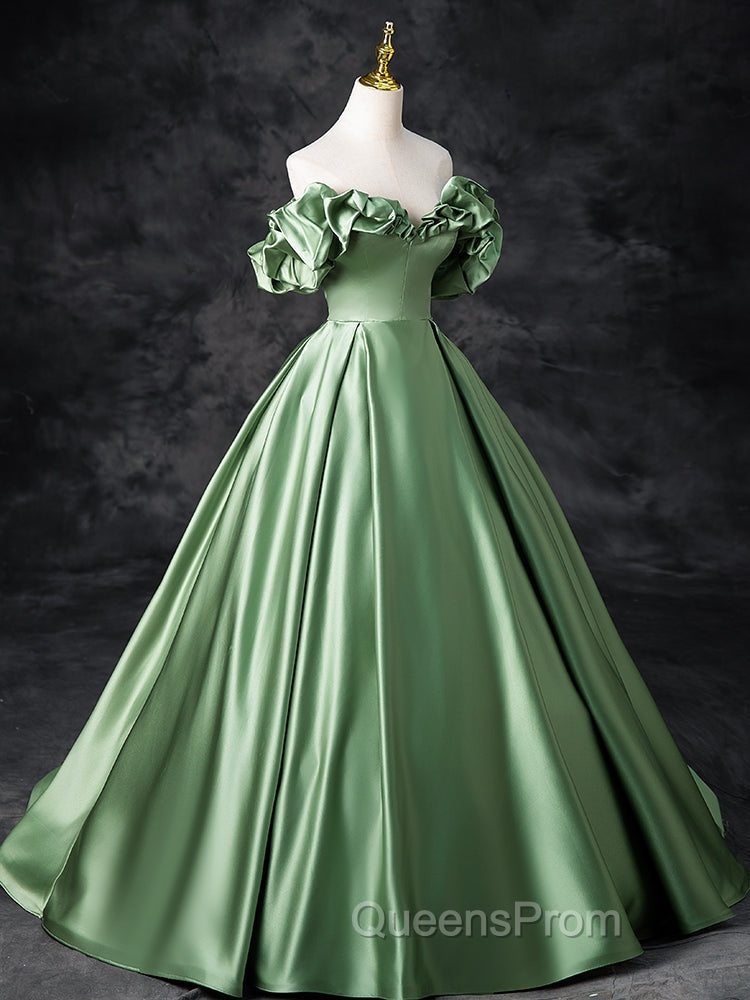 A-Line Off Shoulder Satin Green Long Evening Prom Dress, Green Long Evening Dress
