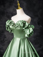 A-Line Off Shoulder Satin Green Long Evening Prom Dress, Green Long Evening Dress
