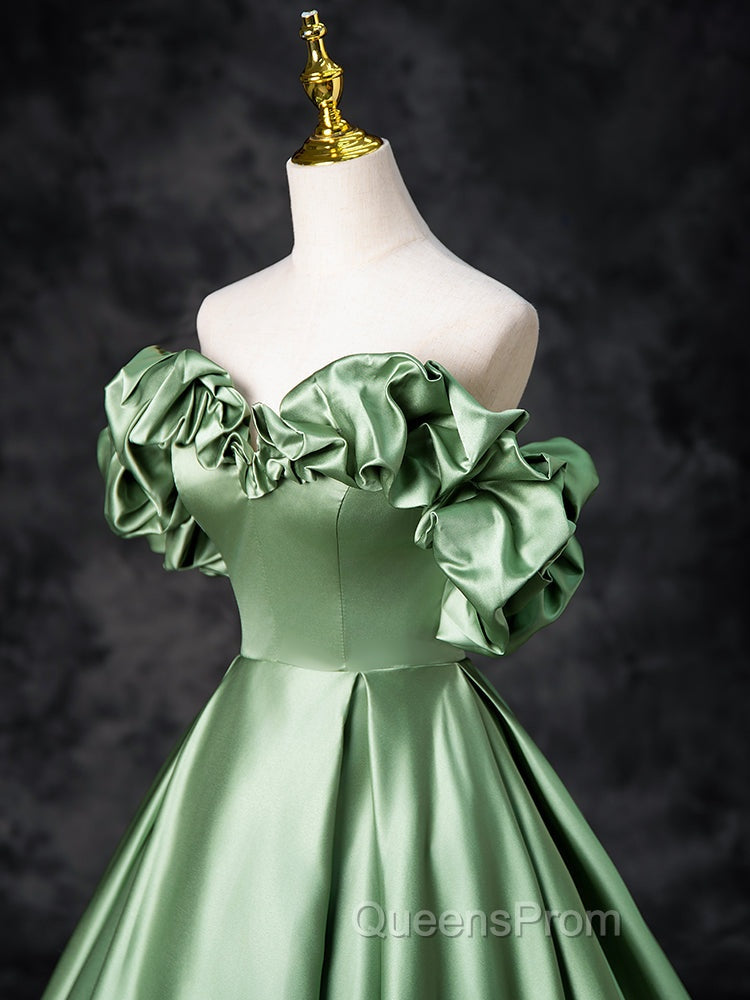 A-Line Off Shoulder Satin Green Long Evening Prom Dress, Green Long Evening Dress