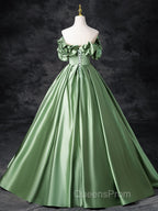A-Line Off Shoulder Satin Green Long Evening Prom Dress, Green Long Evening Dress