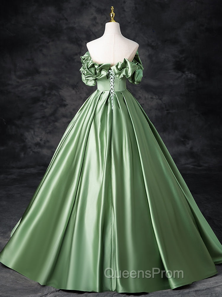 A-Line Off Shoulder Satin Green Long Evening Prom Dress, Green Long Evening Dress