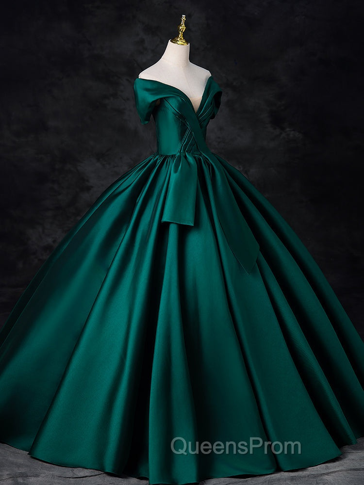 A-Line Off Shoulder Satin Green Long Evening Prom Dress, Green Long Evening Dress