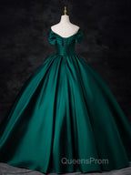 A-Line Off Shoulder Satin Green Long Evening Prom Dress, Green Long Evening Dress