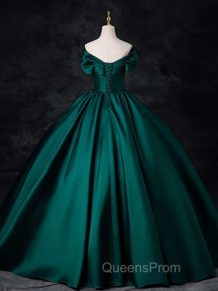 A-Line Off Shoulder Satin Green Long Evening Prom Dress, Green Long Evening Dress