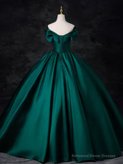 A-Line Off Shoulder Satin Green Long Prom Dress, Green Long Formal Dress