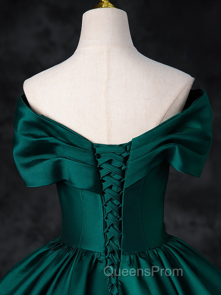 A-Line Off Shoulder Satin Green Long Evening Prom Dress, Green Long Evening Dress
