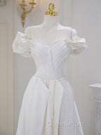 A-Line Off Shoulder Satin ivory Long Evening Prom Dress, Ivory  Long Bridesmaid Dress