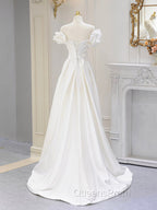 A-Line Off Shoulder Satin ivory Long Evening Prom Dress, Ivory  Long Bridesmaid Dress
