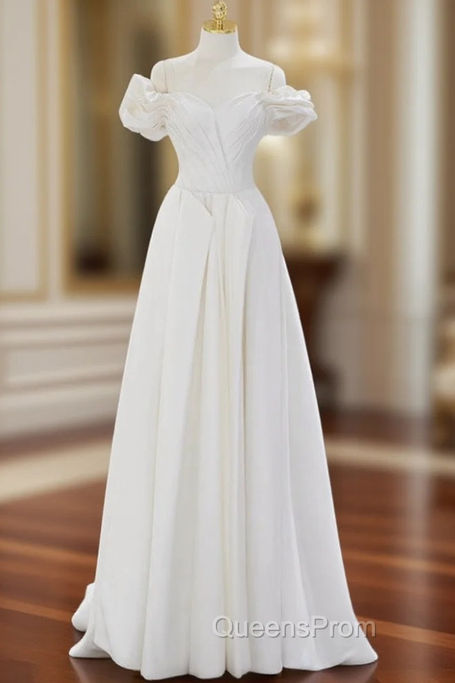 A-Line Off Shoulder Satin ivory Long Evening Prom Dress, Ivory  Long Bridesmaid Dress Main image