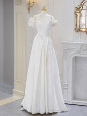 A-Line Off Shoulder Satin ivory Long Prom Dress, Ivory  Long Bridesmaid Dress