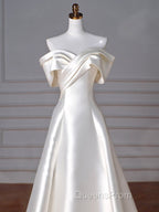 A-Line Off Shoulder Satin ivory Long Evening Prom Dress, Satin Long Evening Dress