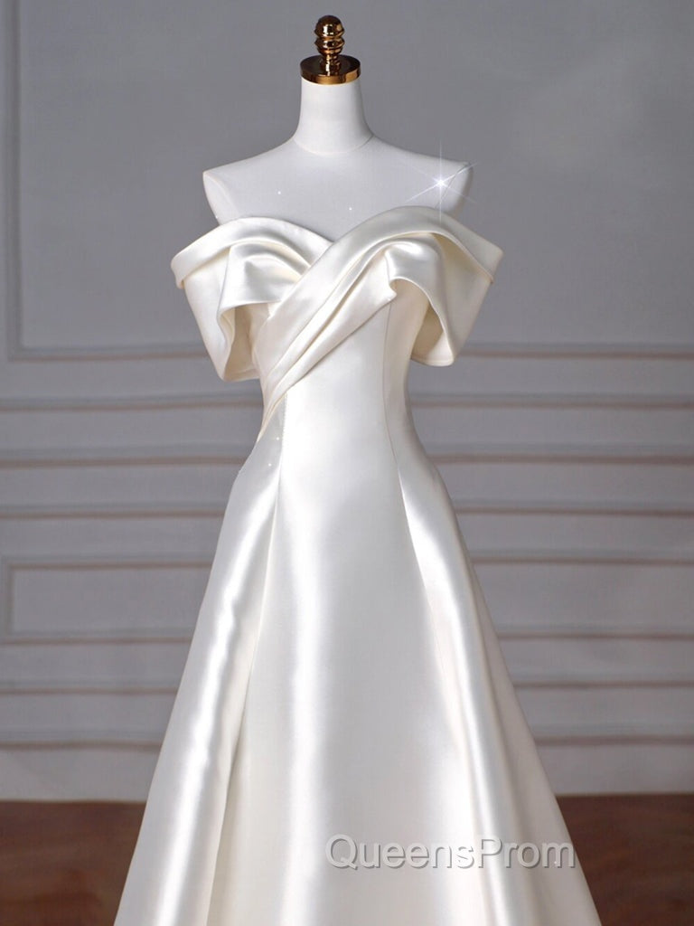 A-Line Off Shoulder Satin ivory Long Evening Prom Dress, Satin Long Evening Dress