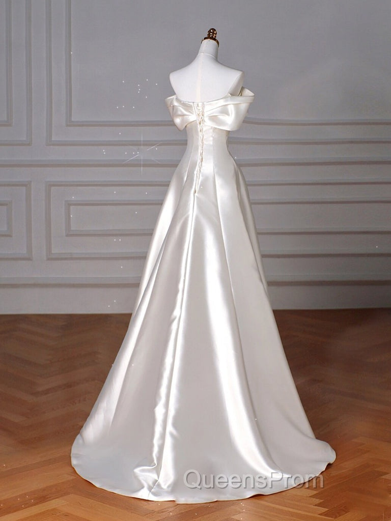 A-Line Off Shoulder Satin ivory Long Evening Prom Dress, Satin Long Evening Dress