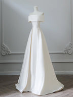 A-Line Off Shoulder Satin Light Champagne Long Classy Prom Dress, Light Champagne Prom Dress
