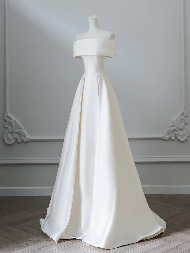 A-Line Off Shoulder Satin Light Champagne Long Classy Prom Dress, Light Champagne Prom Dress