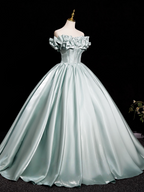 A-Line Off Shoulder Satin Light Green Long Classy Prom Dress, Light Green Long Classy Dress