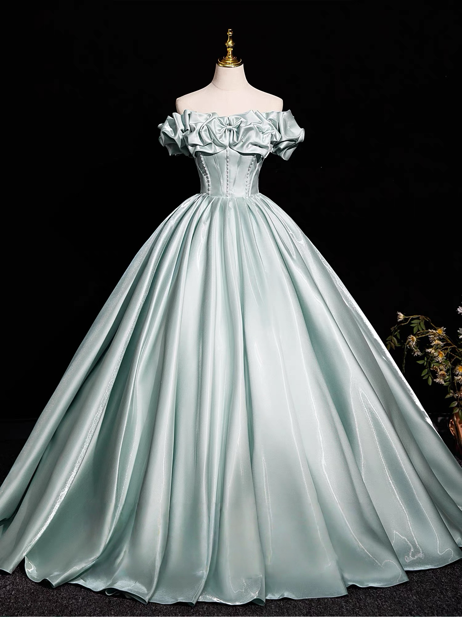 A-Line Off Shoulder Satin Light Green Long Classy Prom Dress, Light Green Long Classy Dress