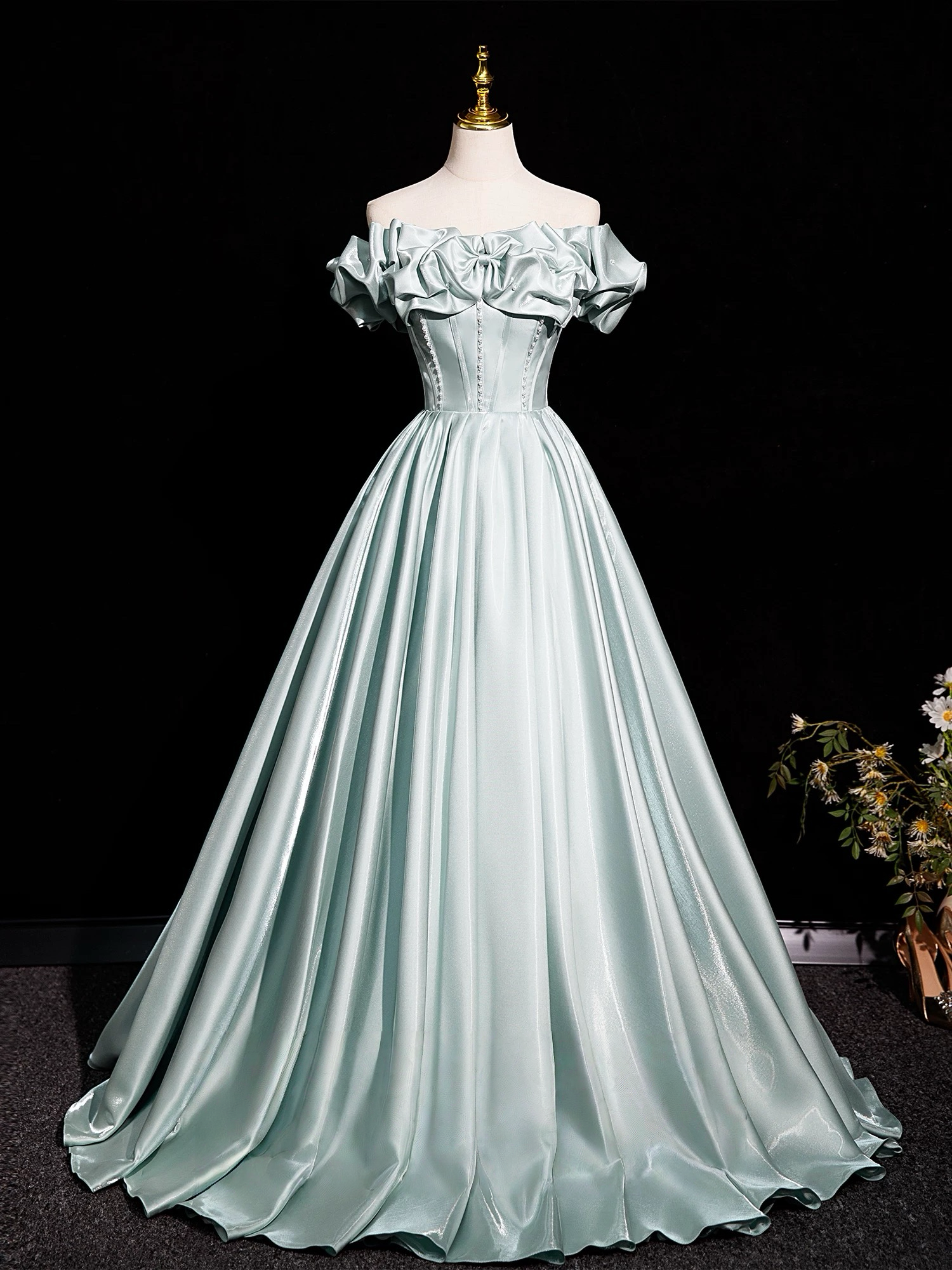 A-Line Off Shoulder Satin Light Green Long Classy Prom Dress, Light Green Long Classy Dress Main image