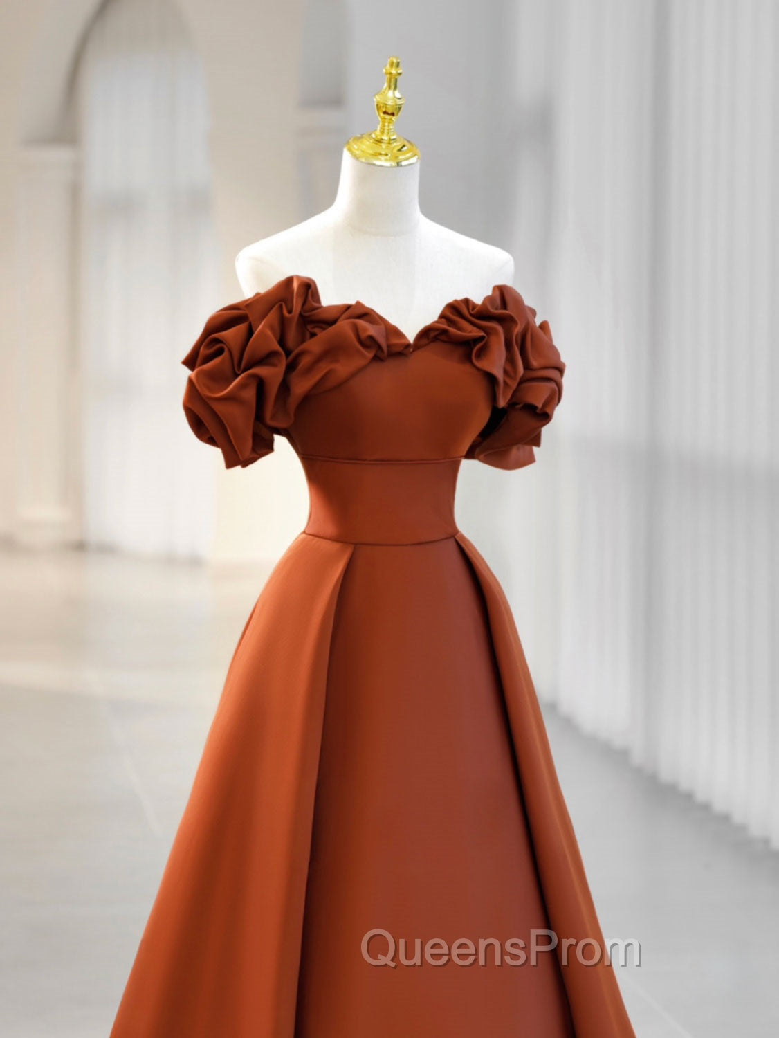 A-Line Off Shoulder Satin Orange Long Evening Prom Dress, Orange Evening Dress