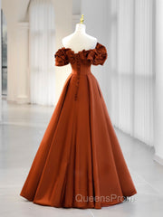 A-Line Off Shoulder Satin Orange Long Evening Prom Dress, Orange Evening Dress