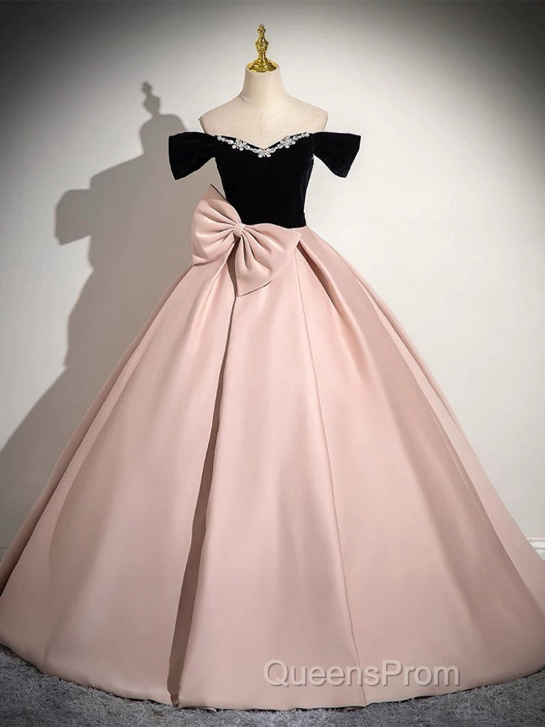 A-Line Off Shoulder Satin Pink Long Evening Prom Dress, Pink Long Formal Dress Secondary image