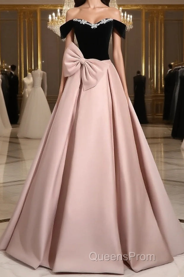 A-Line Off Shoulder Satin Pink Long Evening Prom Dress, Pink Long Formal Dress
