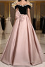 A-Line Off Shoulder Satin Pink Long Evening Prom Dress, Pink Long Formal Dress