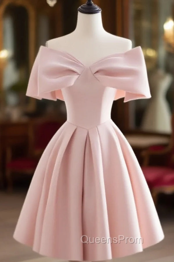 A-Line Off Shoulder Satin Pink Short Evening Prom Dress, Pink Homecoming Dress Main image