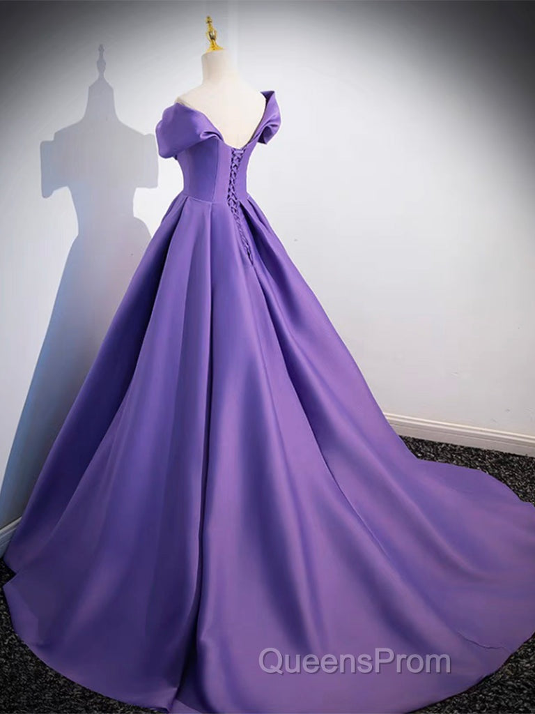 A-Line Off Shoulder Satin Purple Long Evening Prom Dress, Purple Long Evening Dress