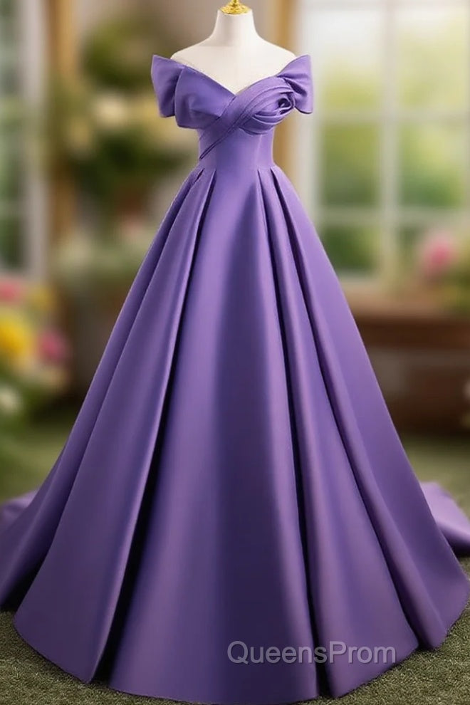 A-Line Off Shoulder Satin Purple Long Evening Prom Dress, Purple Long Evening Dress Main image