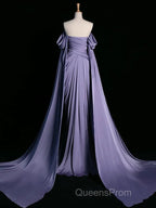 A-Line Off Shoulder Satin Purple Long Evening Prom Dress, Purple Long Formal Dress
