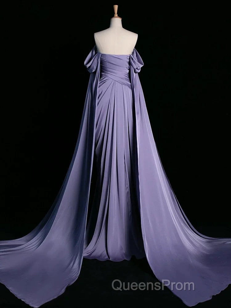 A-Line Off Shoulder Satin Purple Long Evening Prom Dress, Purple Long Formal Dress