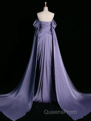 A-Line Off Shoulder Satin Purple Long Evening Prom Dress, Purple Long Formal Dress