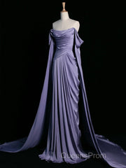 A-Line Off Shoulder Satin Purple Long Evening Prom Dress, Purple Long Formal Dress