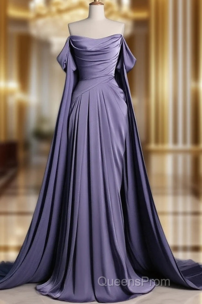 A-Line Off Shoulder Satin Purple Long Evening Prom Dress, Purple Long Formal Dress Main image