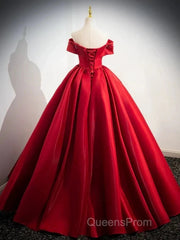 A-Line Off Shoulder Satin Red Ballgown Long Evening Prom Dress Evening Dress Floor Length