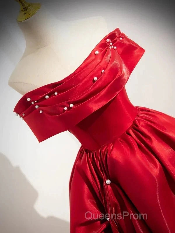 A-Line Off Shoulder Satin Red Ballgown Long Evening Prom Dress Evening Dress Floor Length