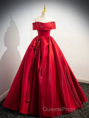 A-Line Off Shoulder Satin Red Ballgown Long Evening Prom Dress Evening Dress Floor Length
